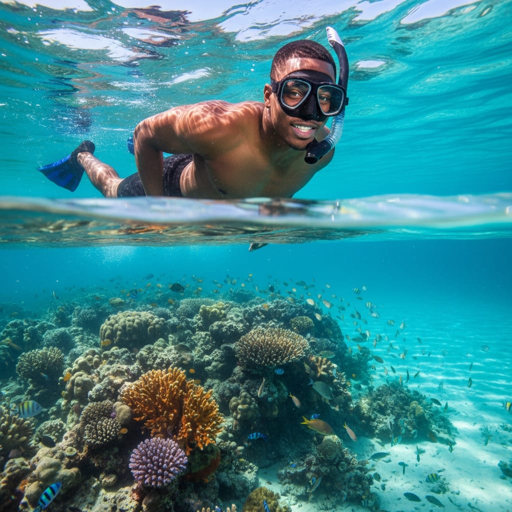 athletic black man snorkeling clear water 63435395