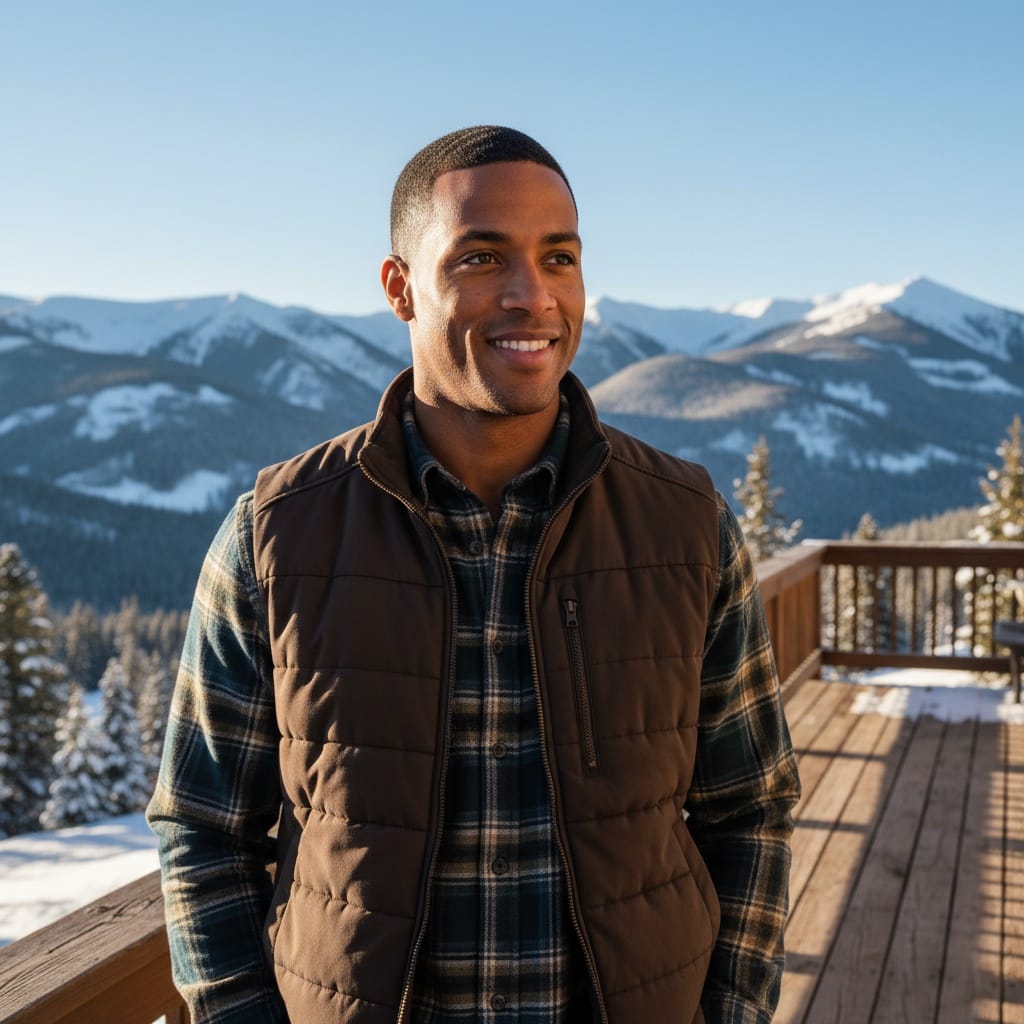 athletic black man snow lodge deck 34881061
