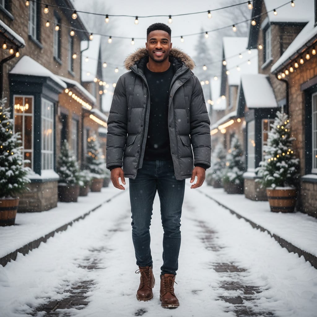 athletic black man snowy village walk 53381700