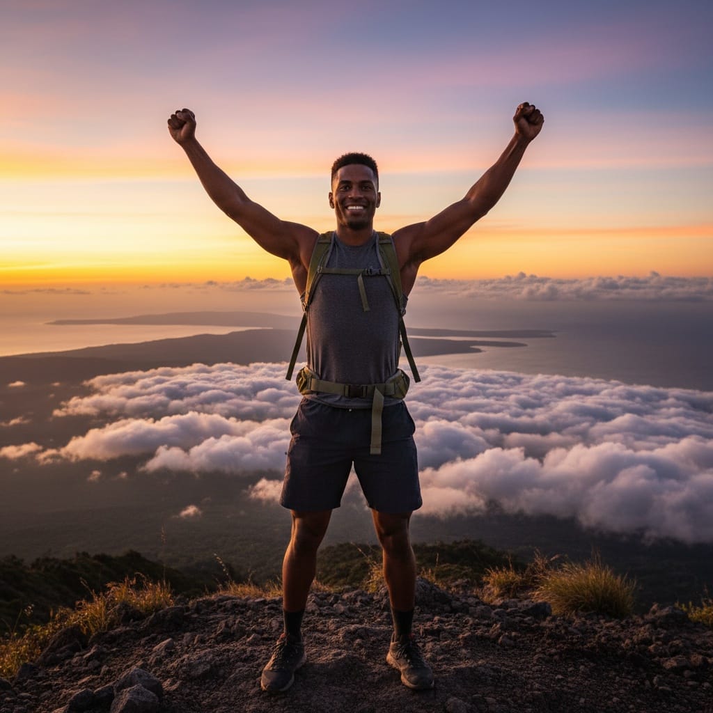 athletic black man sunrise hike summit 67639962
