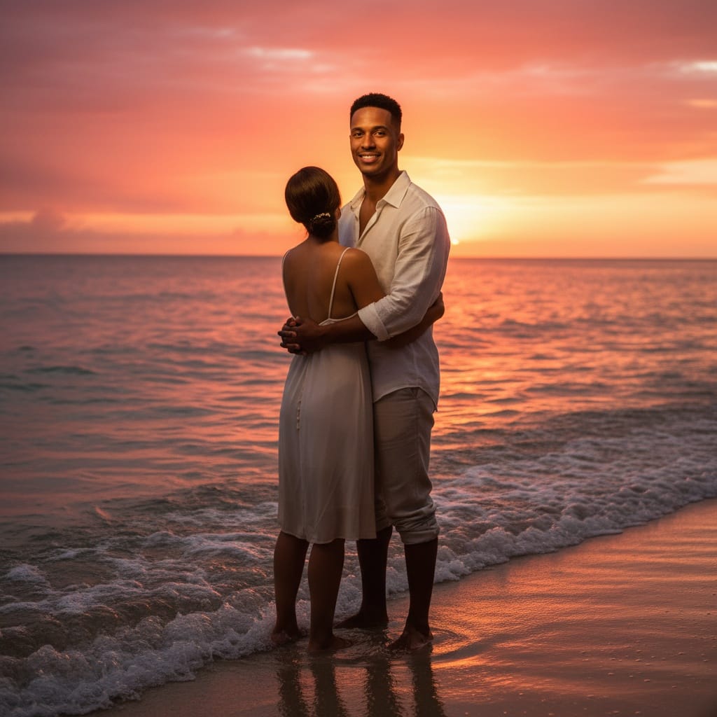 athletic black man sunset beach couple portrait 15375375