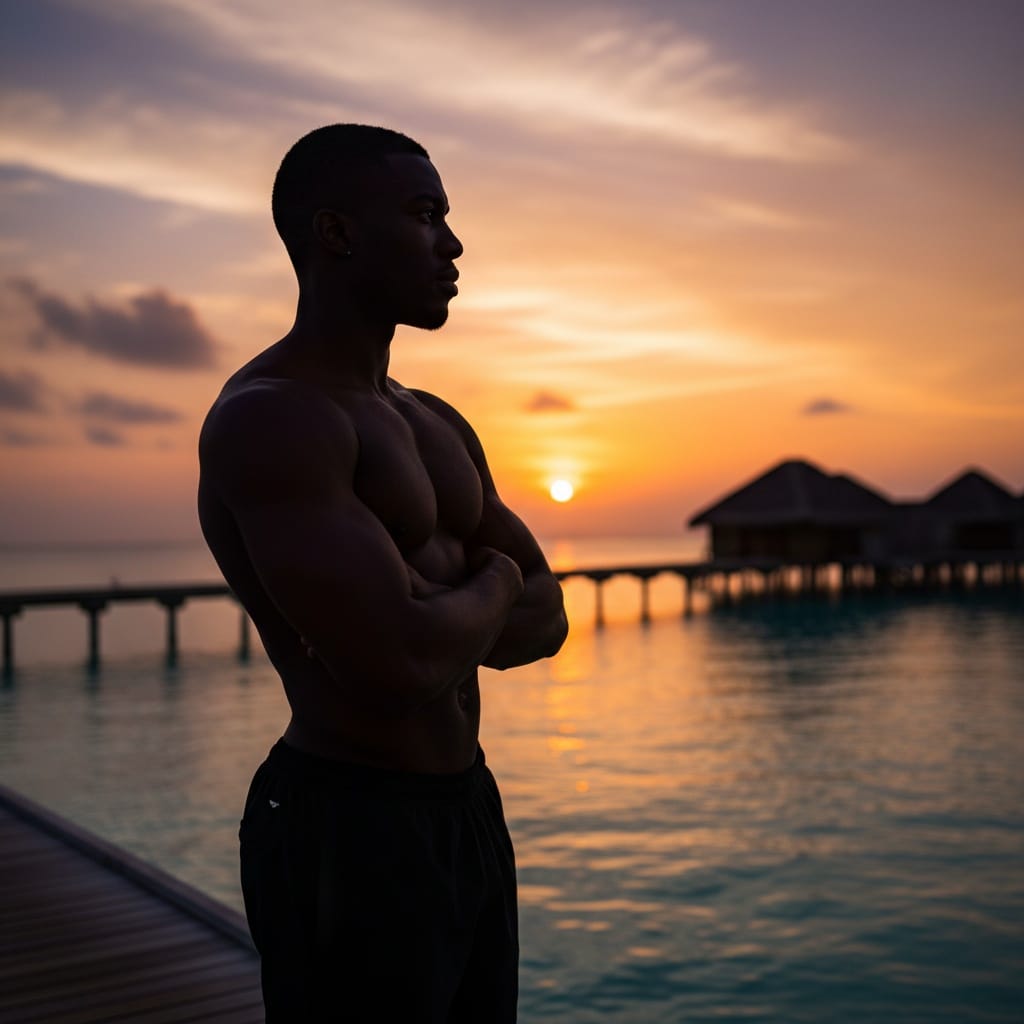 athletic black man sunset pier silhouette 95729729