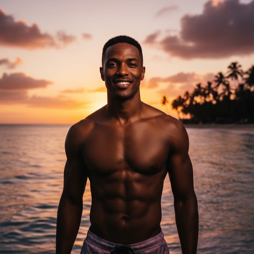athletic black man sunset silhouette water edge 16934758