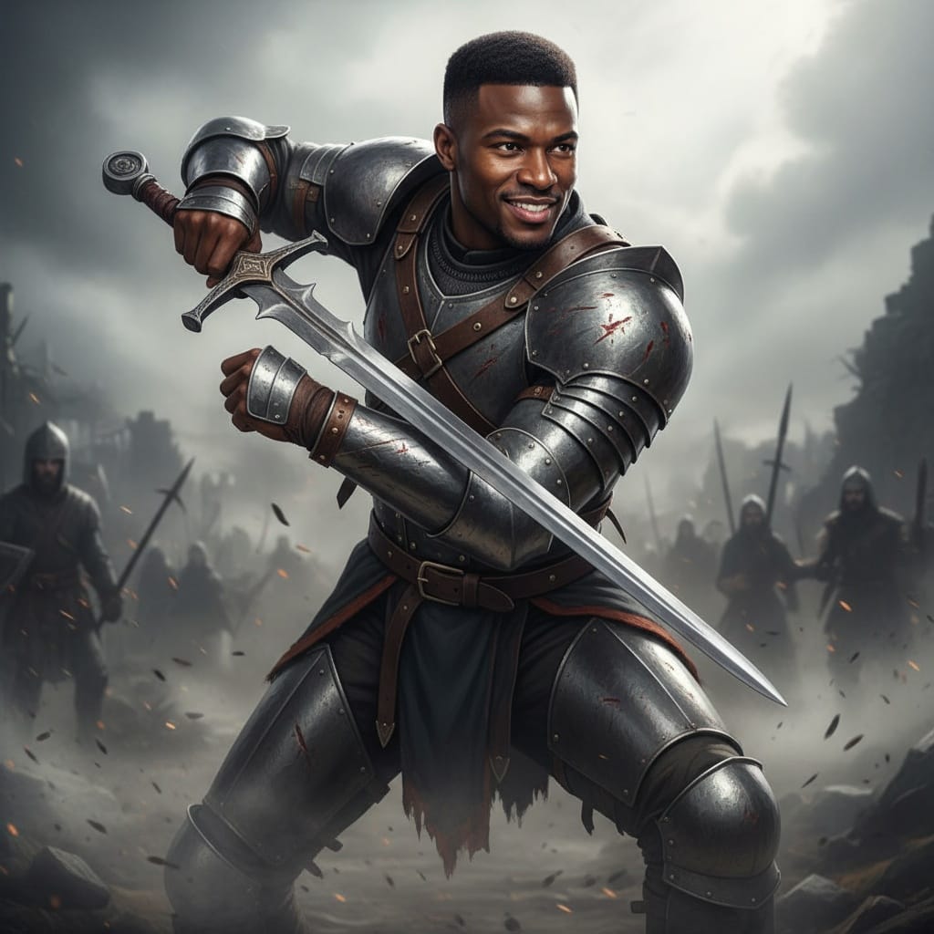 athletic black man sword combat ready pose 37454279