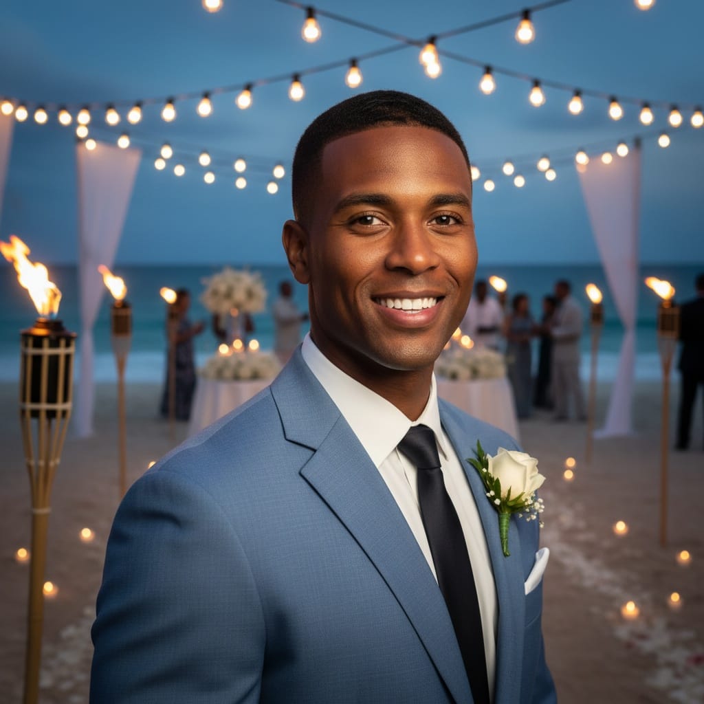 athletic black man tiki torch evening reception 96102667