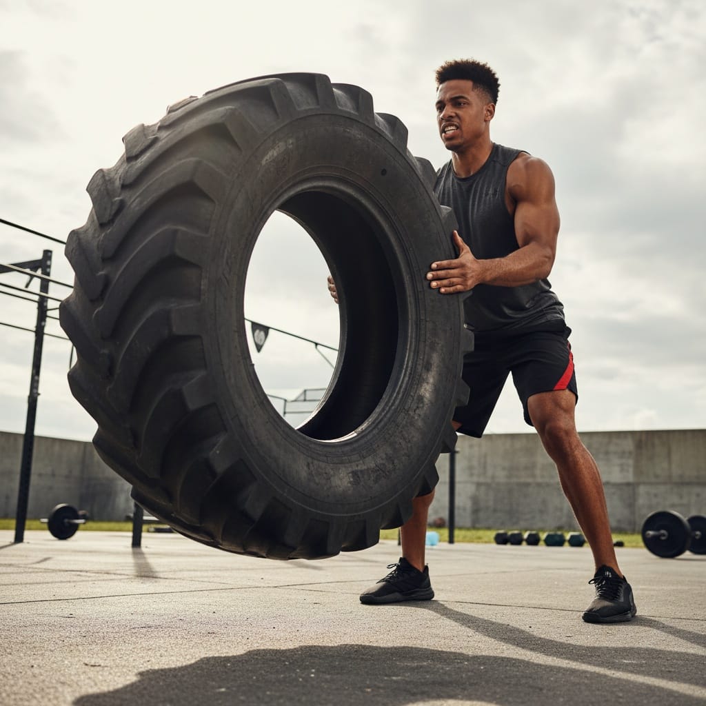 athletic black man tire flip raw power 95968506
