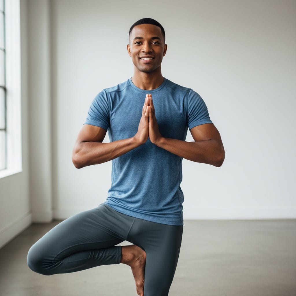 athletic black man tree pose balance 84977992