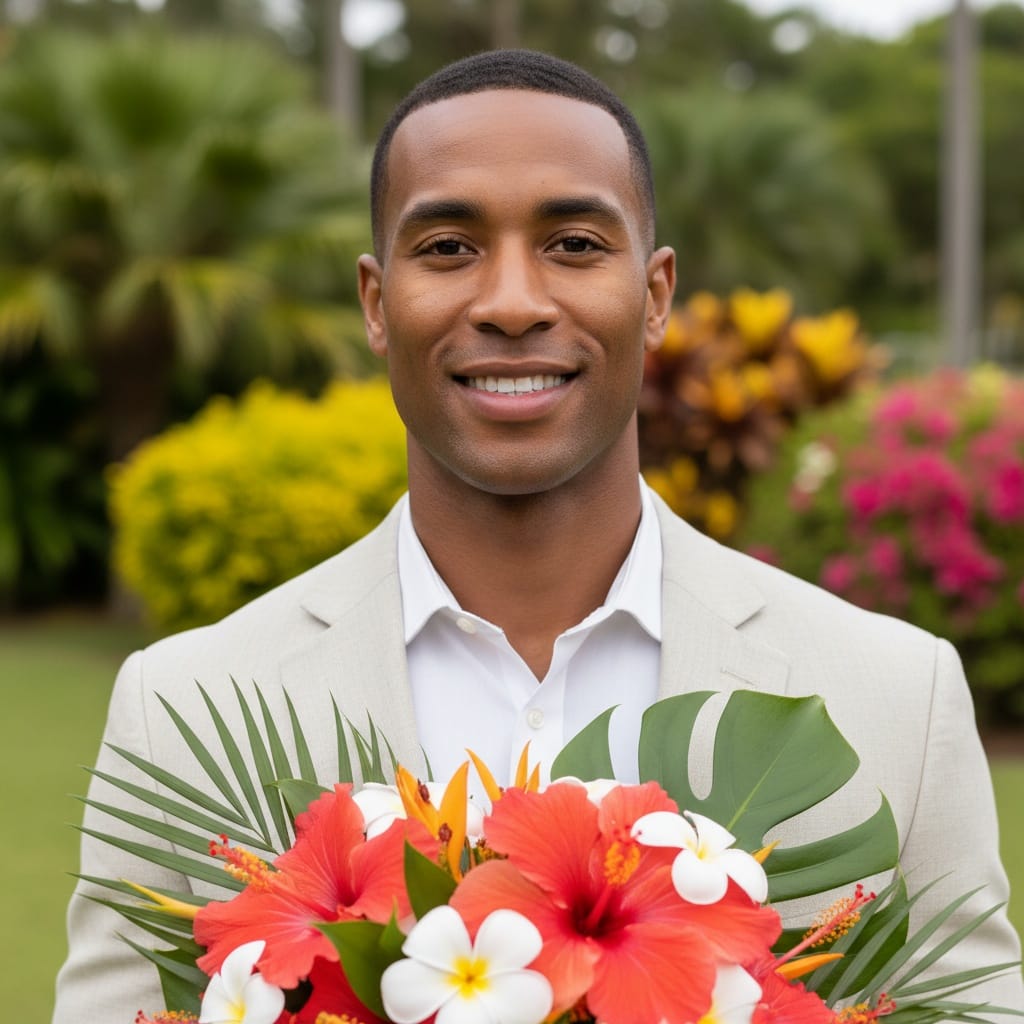 athletic black man tropical flower close up moment 87740182