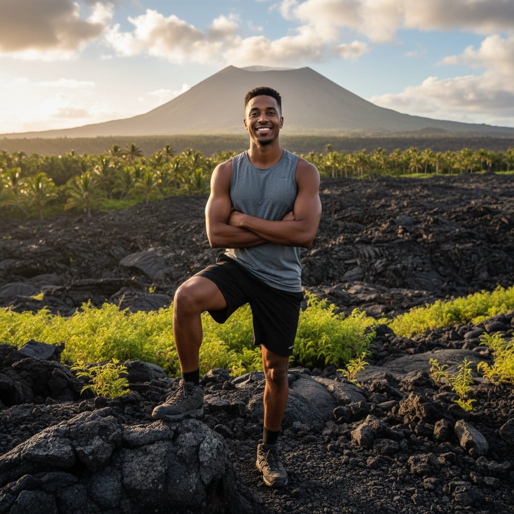 athletic black man volcanic landscape adventure 76266067