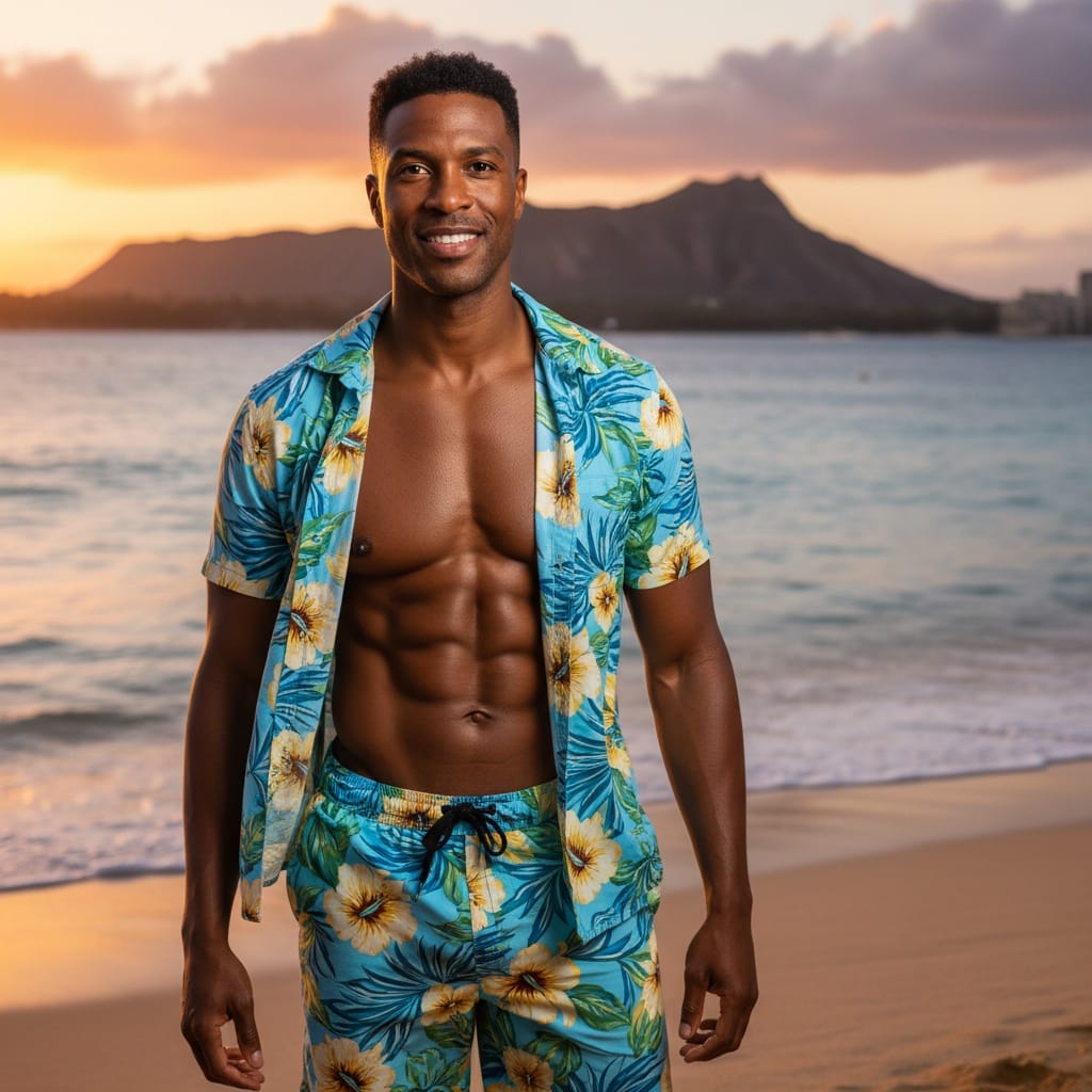 athletic black man waikiki beach sunset portrait 16993689