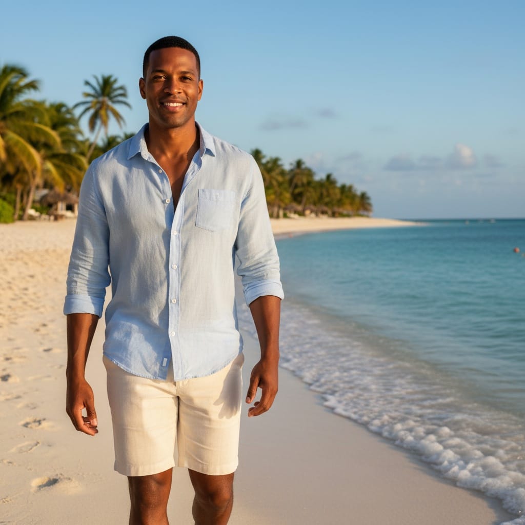 athletic black man walking along shoreline sunset 45890760
