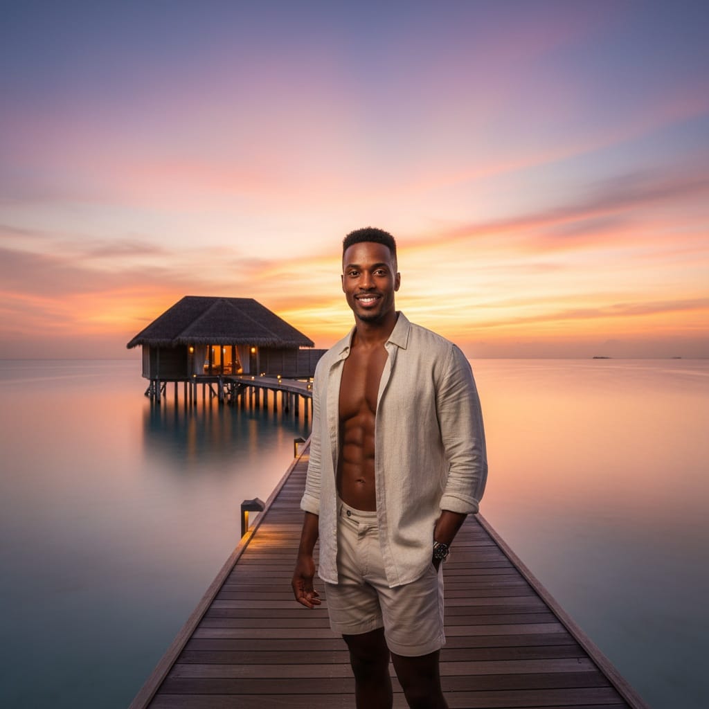 athletic black man water villa sunset exterior 35939471