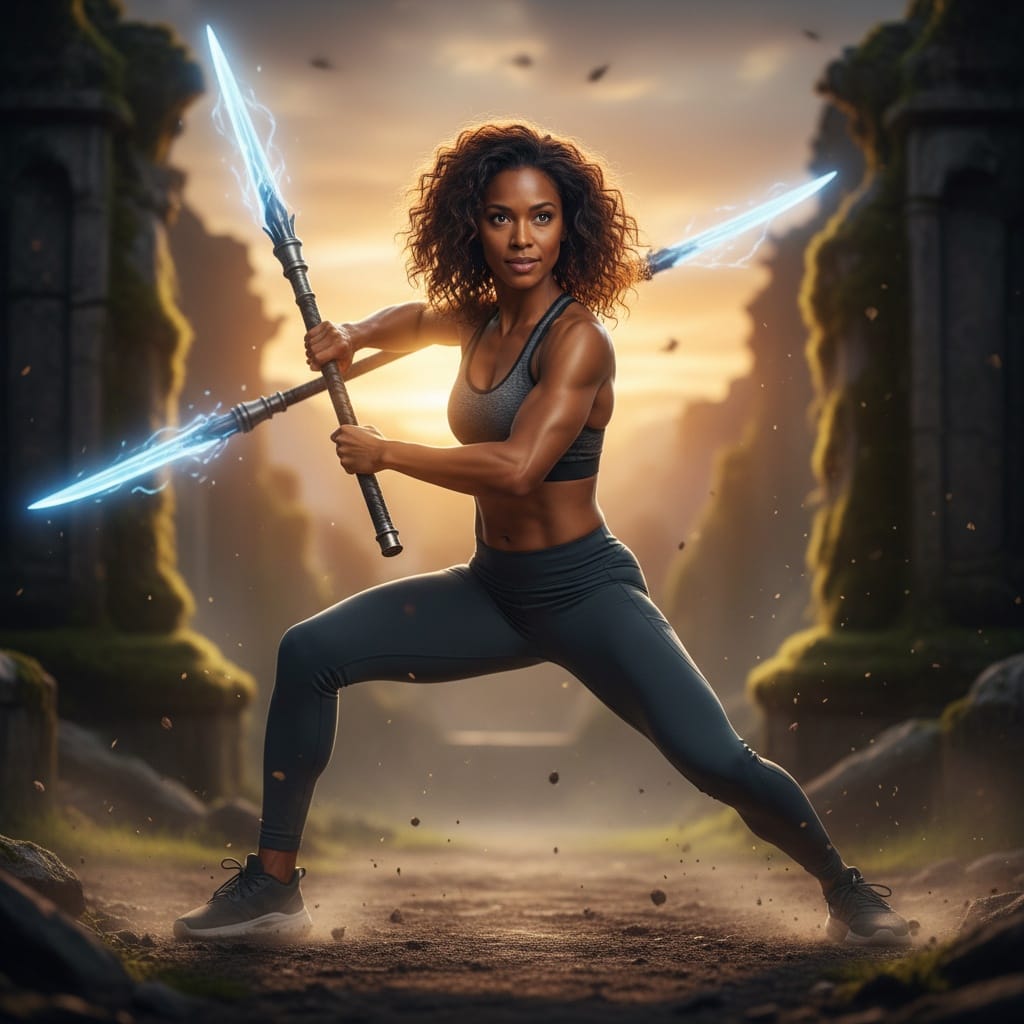 athletic black woman action pose mid combat 57177084