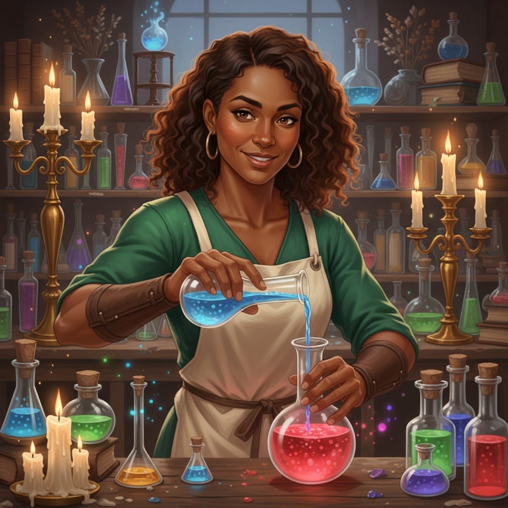 athletic black woman alchemist laboratory work 86411137