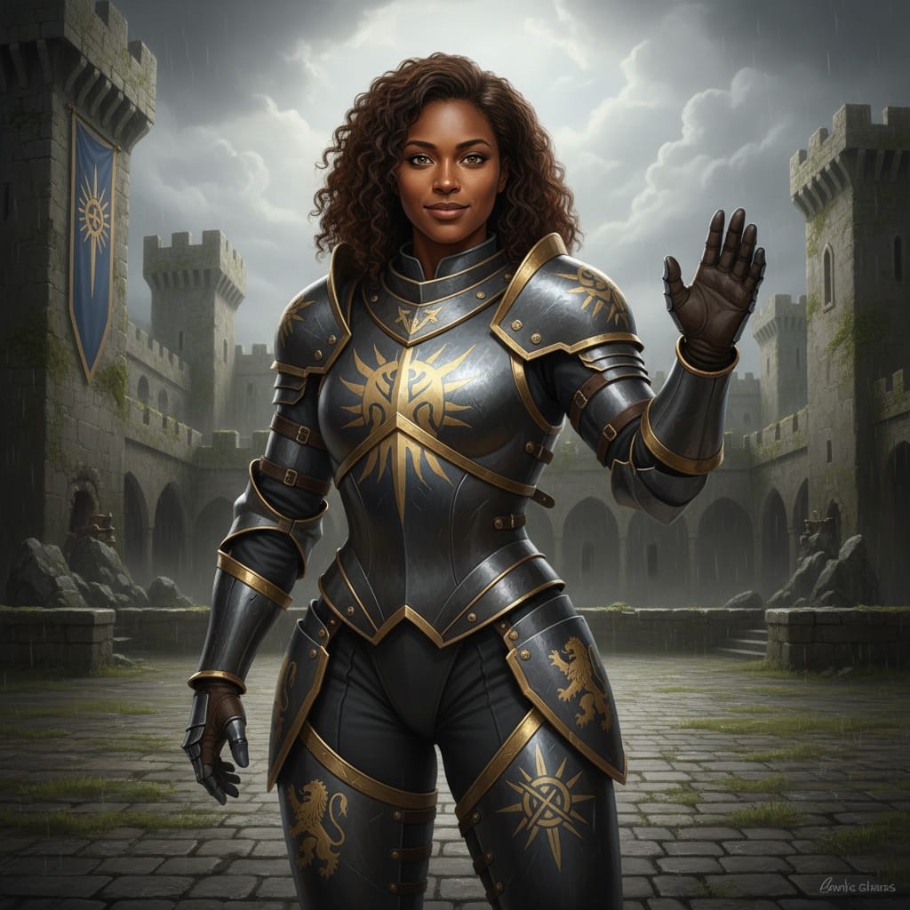 athletic black woman armored knight portrait 87329033