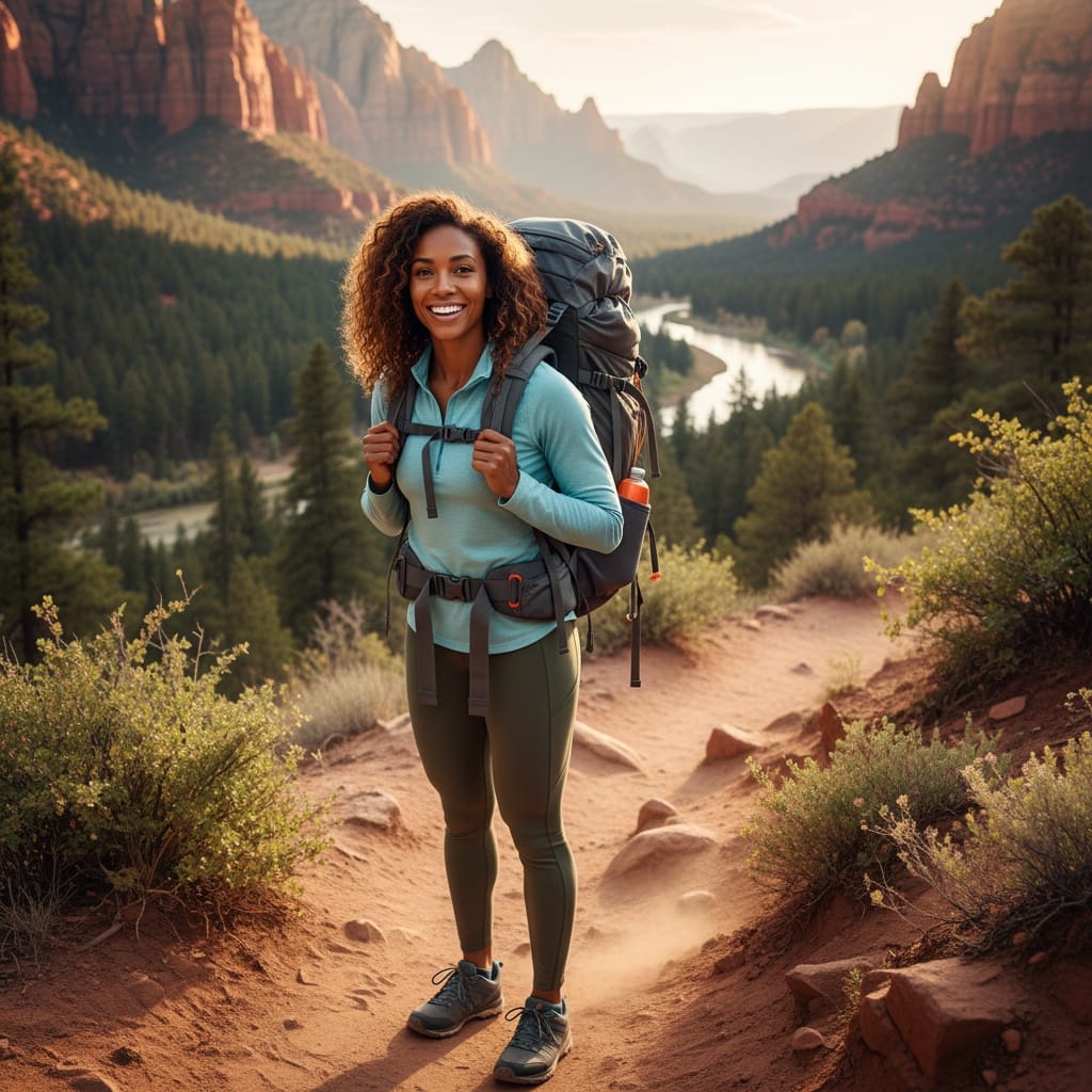athletic black woman backpacking adventure portrait 31440110