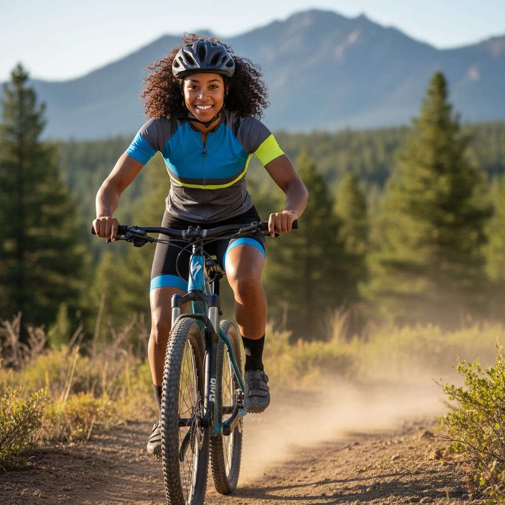 athletic black woman biking trail action 77928142