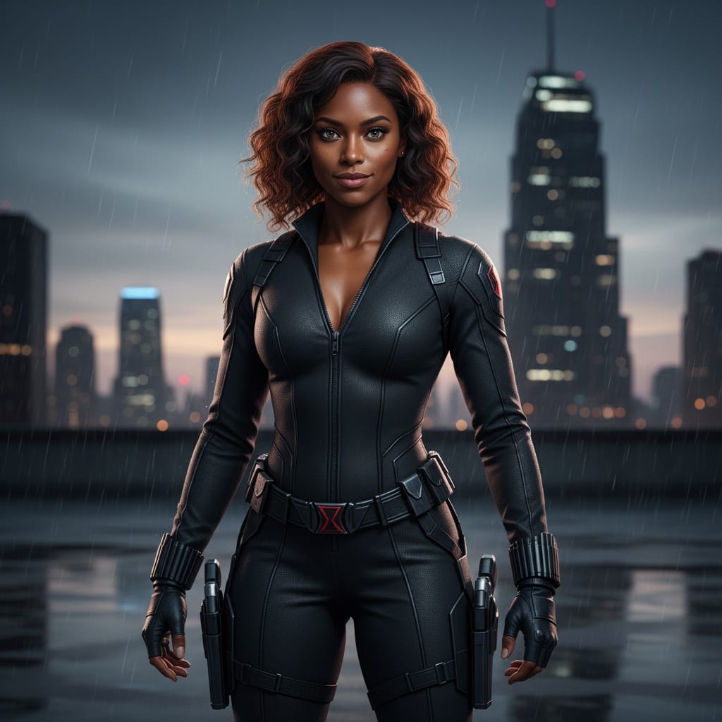 athletic black woman black widow tactical pose 41006665