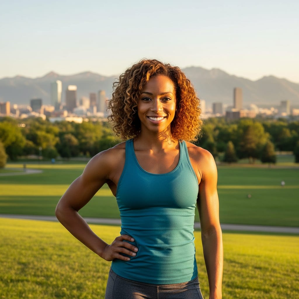 athletic black woman city park mountain backdrop 11156608