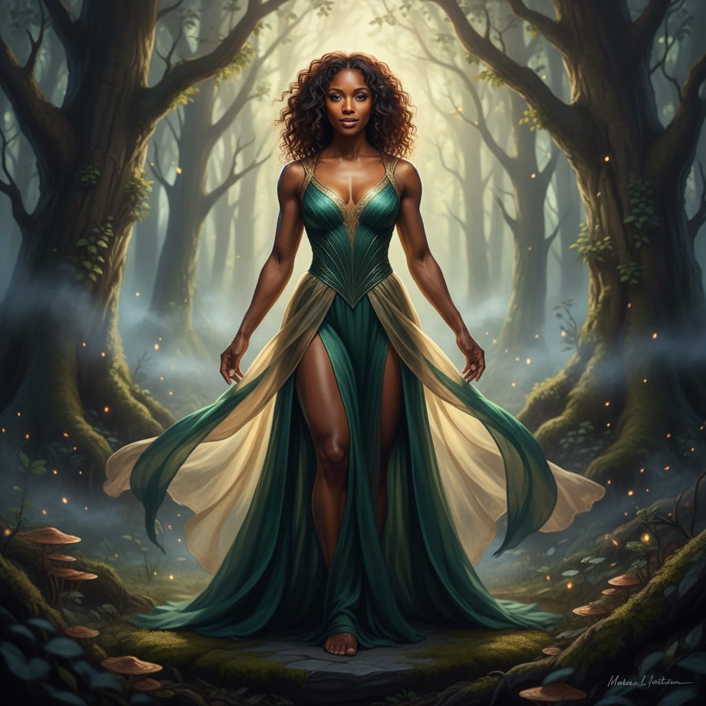 athletic black woman fantasy forest setting 21436212
