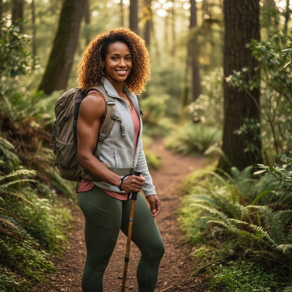 athletic black woman forest trail portrait 53536028