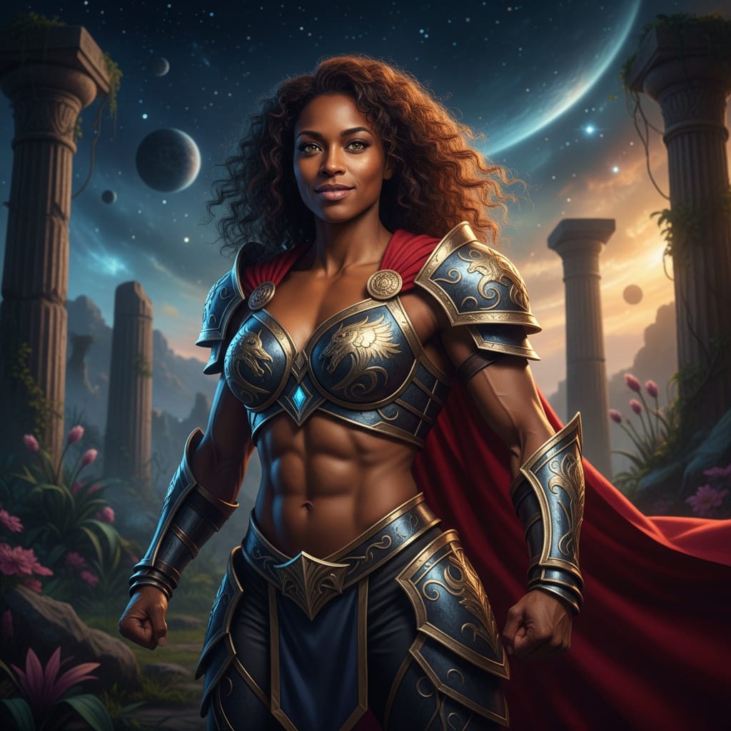athletic black woman heroic pose dramatic lighting 50009979