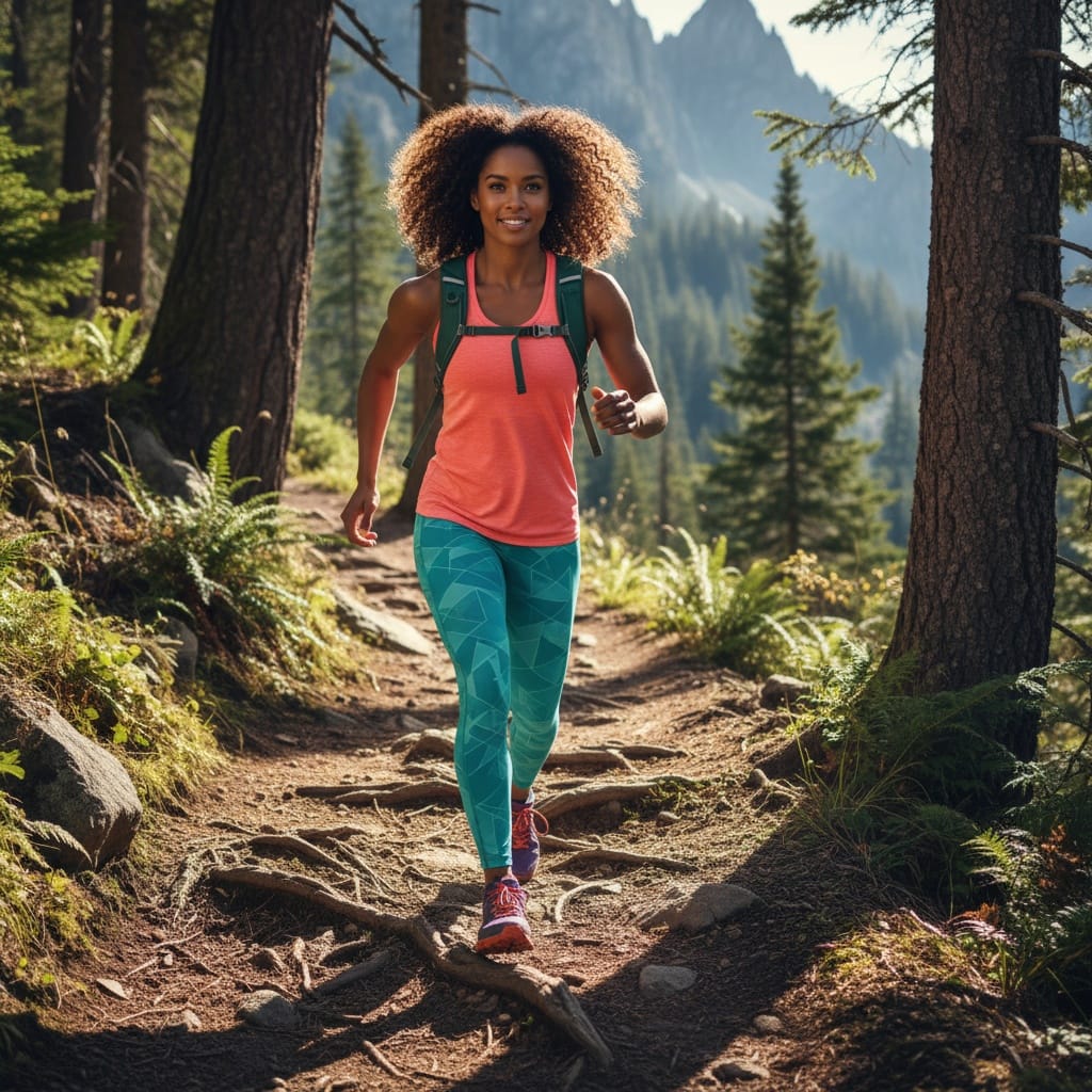 athletic black woman hiking trail action 61725272