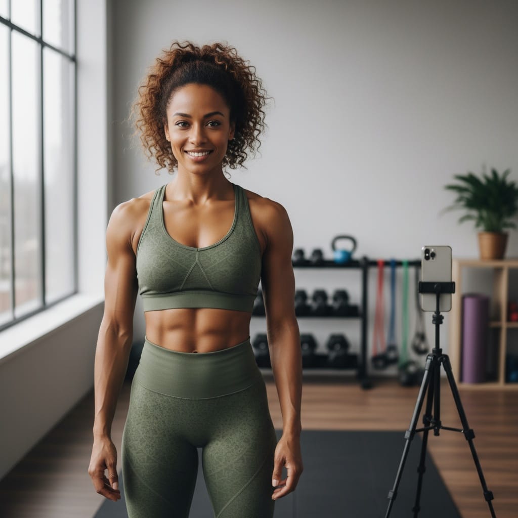 athletic black woman home training setup 32091564