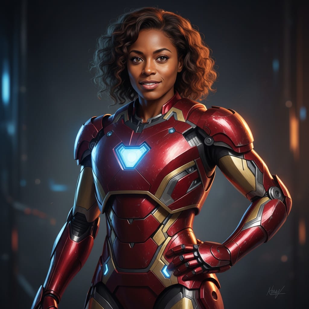 athletic black woman iron man suit heroic pose 60977529