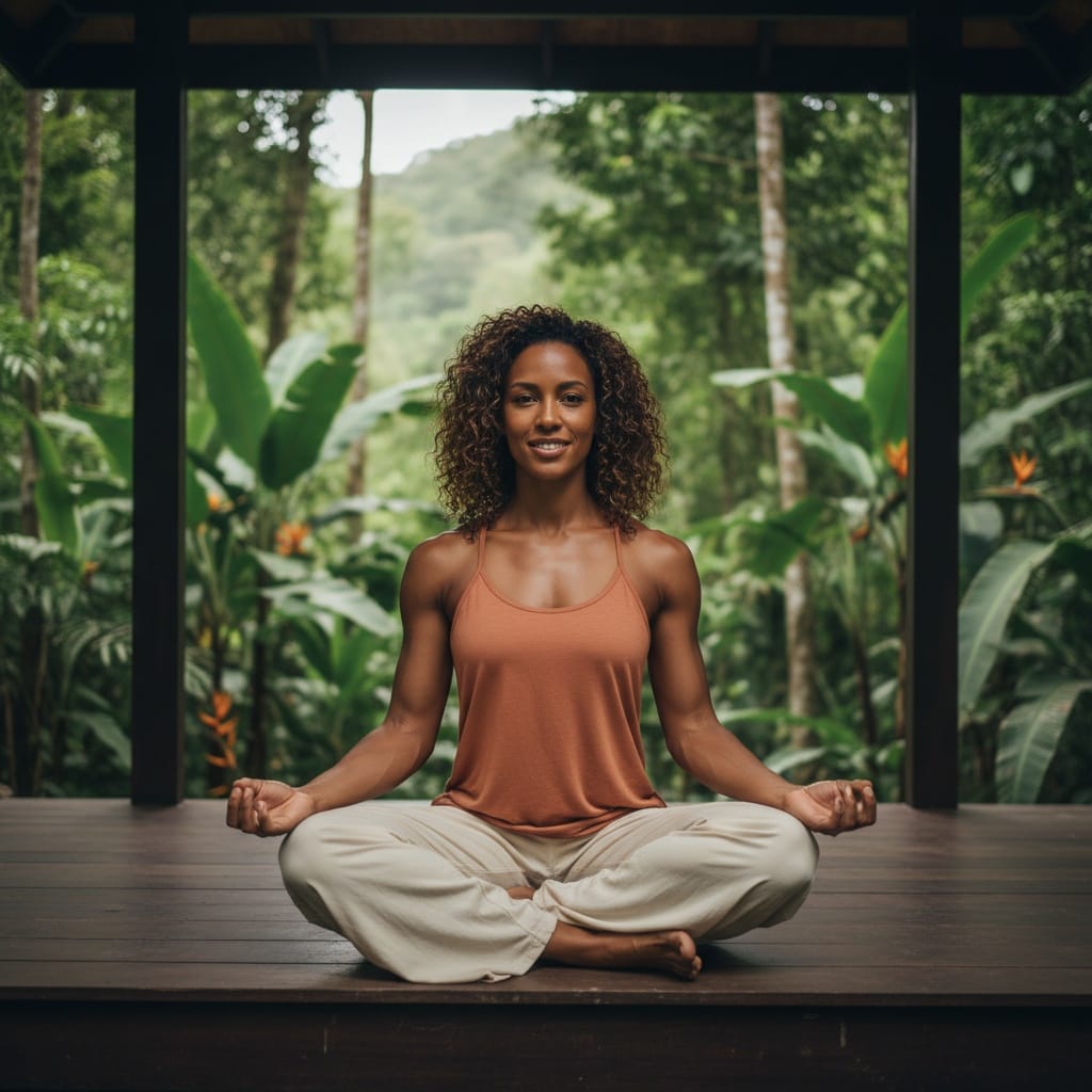 athletic black woman jungle meditation pavilion 20995488