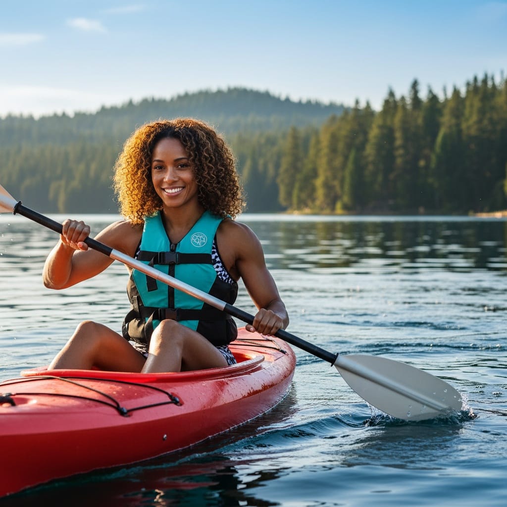 athletic black woman kayak water adventure 92573945