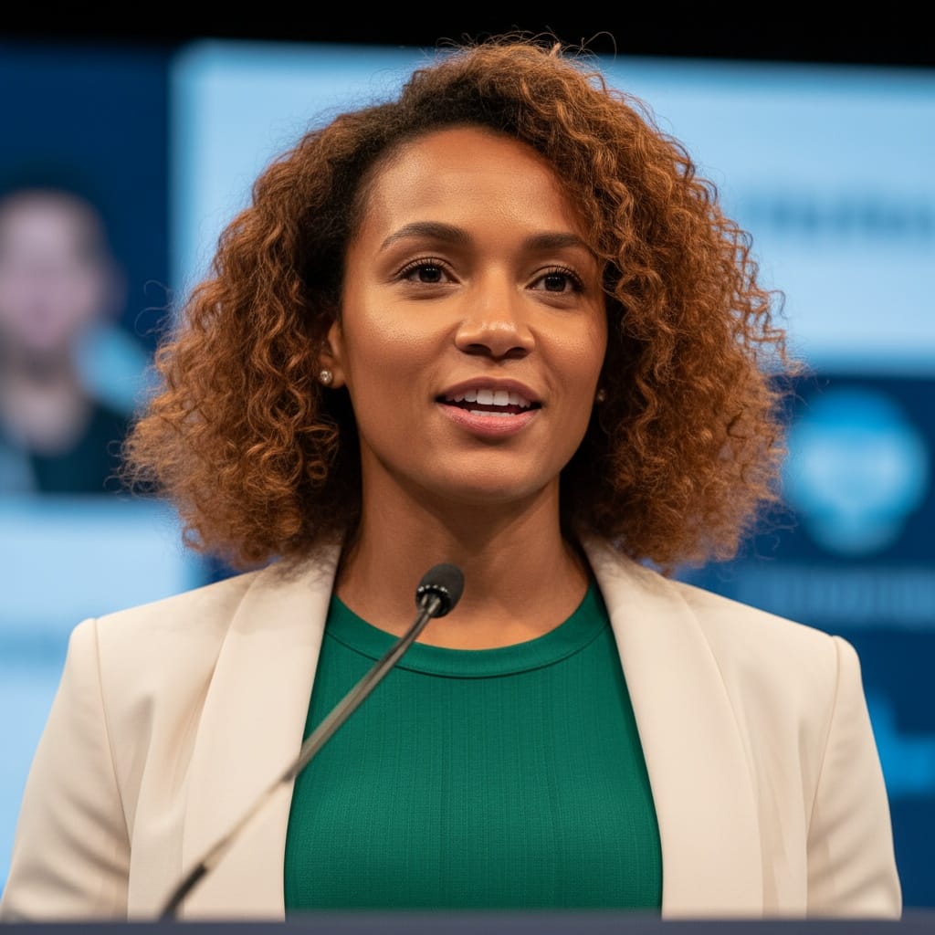 athletic black woman keynote speaker closeup 79033439