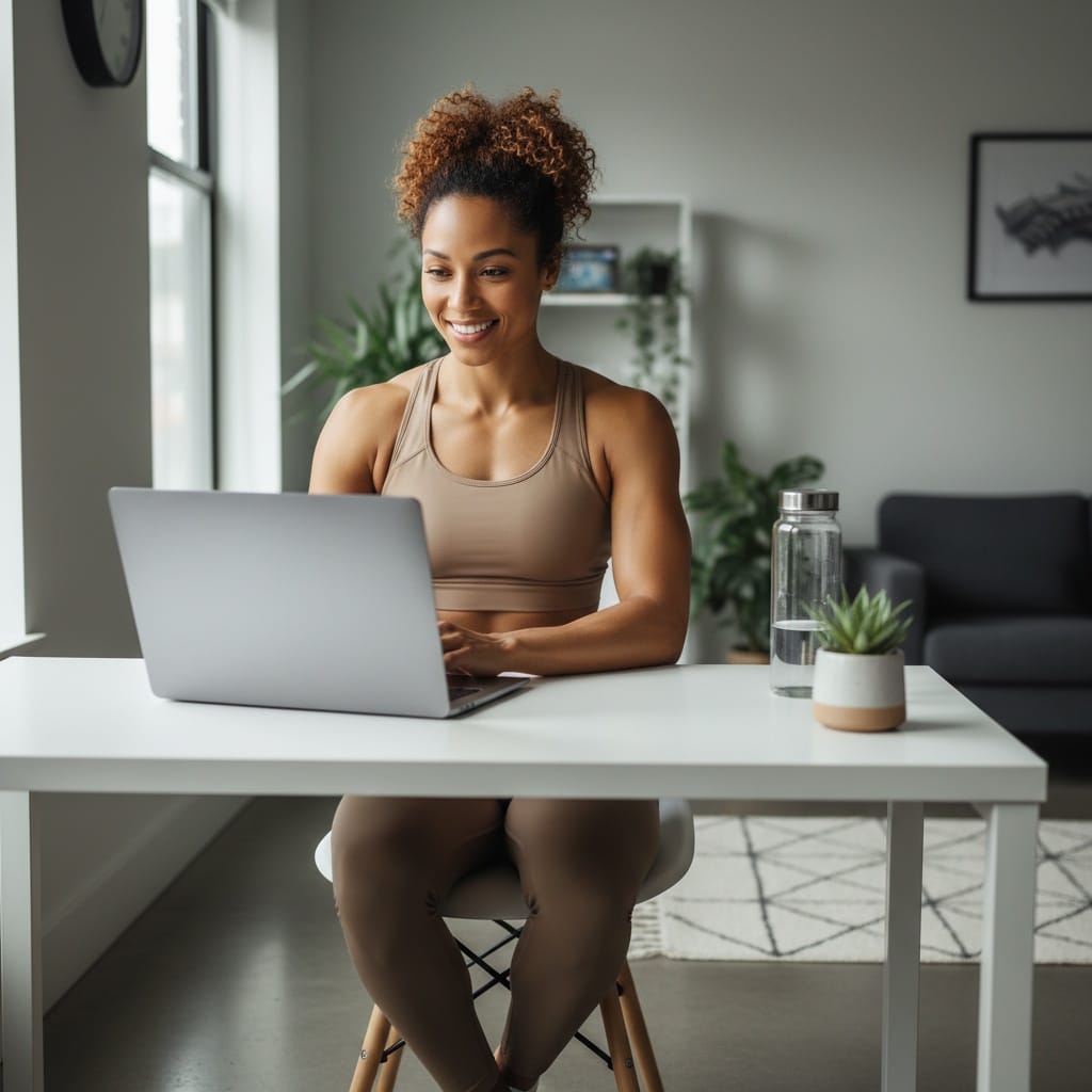 athletic black woman laptop coaching session 55771215