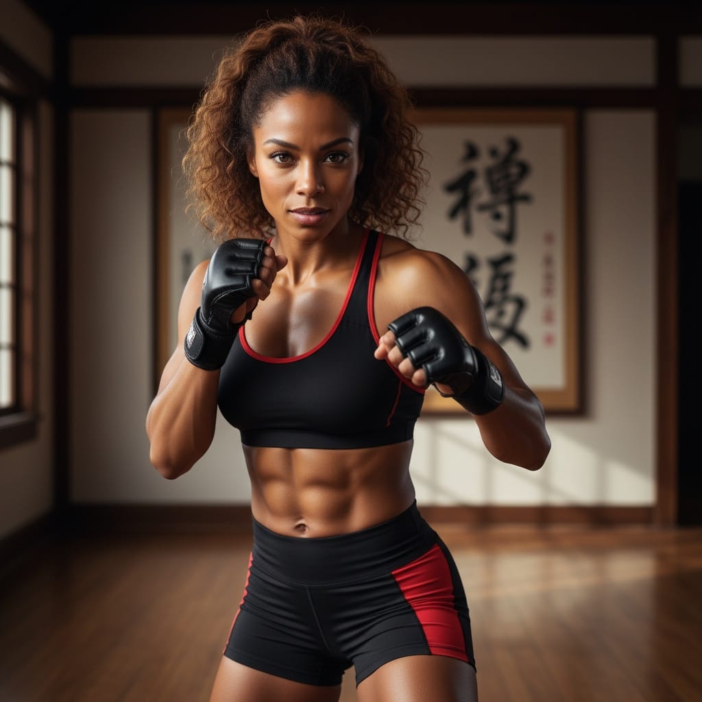 athletic black woman martial arts fighter stance 14996294