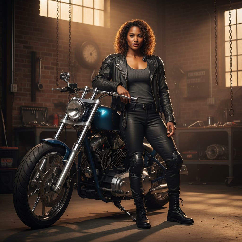 athletic black woman motorcycle rebel hero 44228522