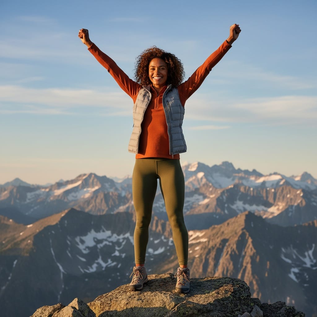 athletic black woman mountain summit victory 72473211