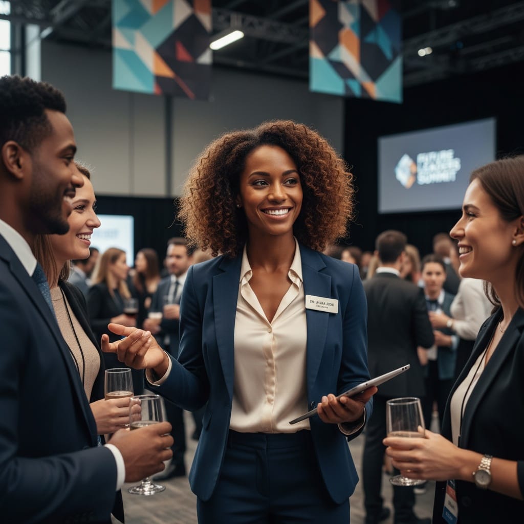 athletic black woman networking engaging attendees 29639899