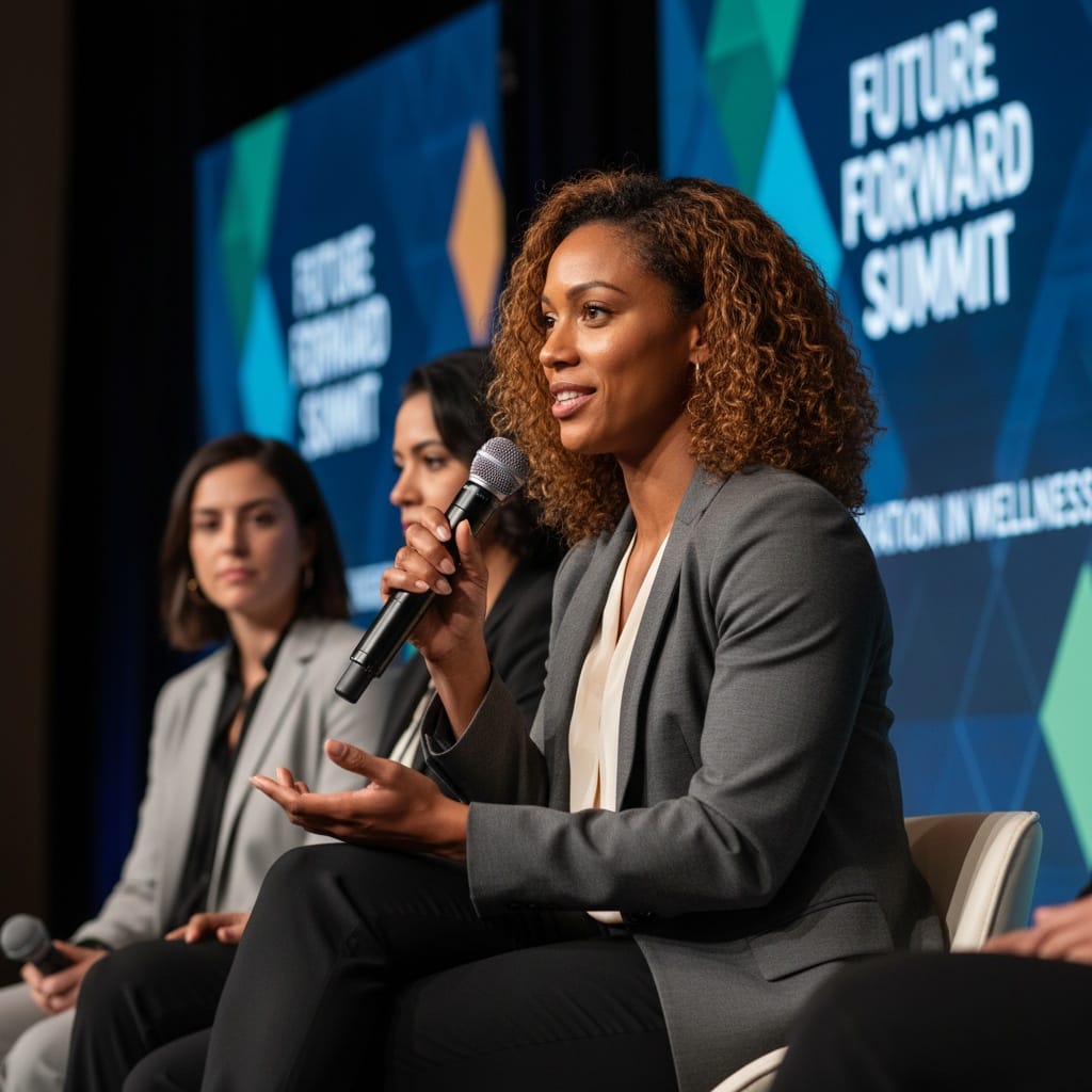 athletic black woman panel discussion seated 21293779