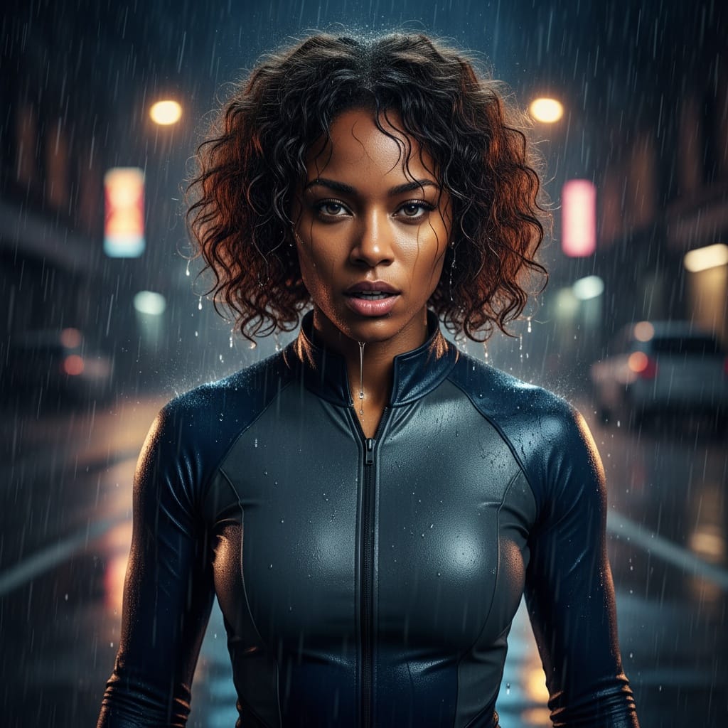 athletic black woman rain soaked action scene 37025192
