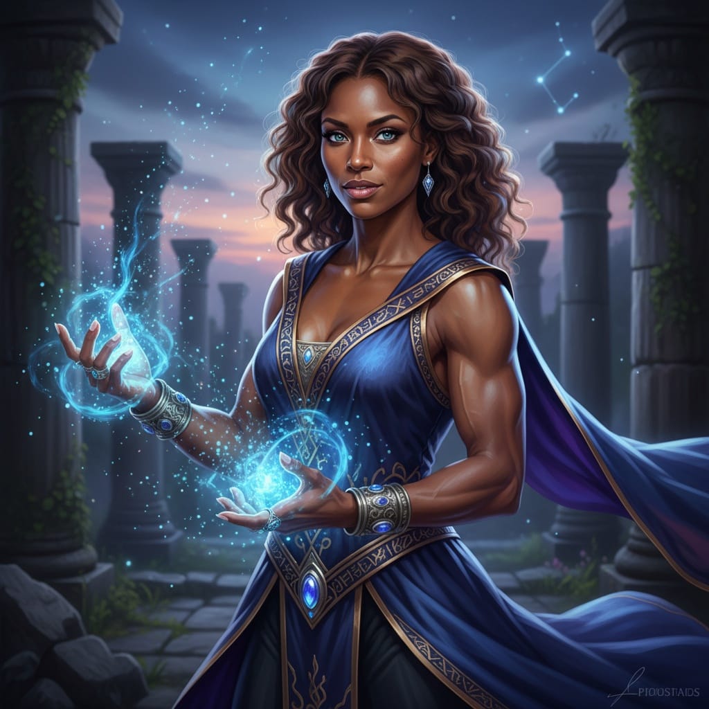 athletic black woman spellcaster magical aura 19731717