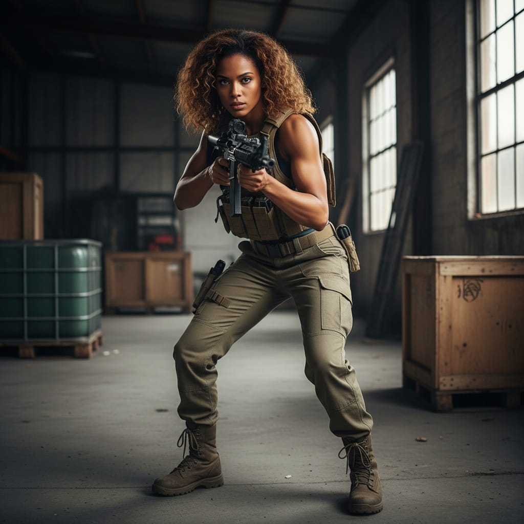 athletic black woman tactical gear ready for action 96662368
