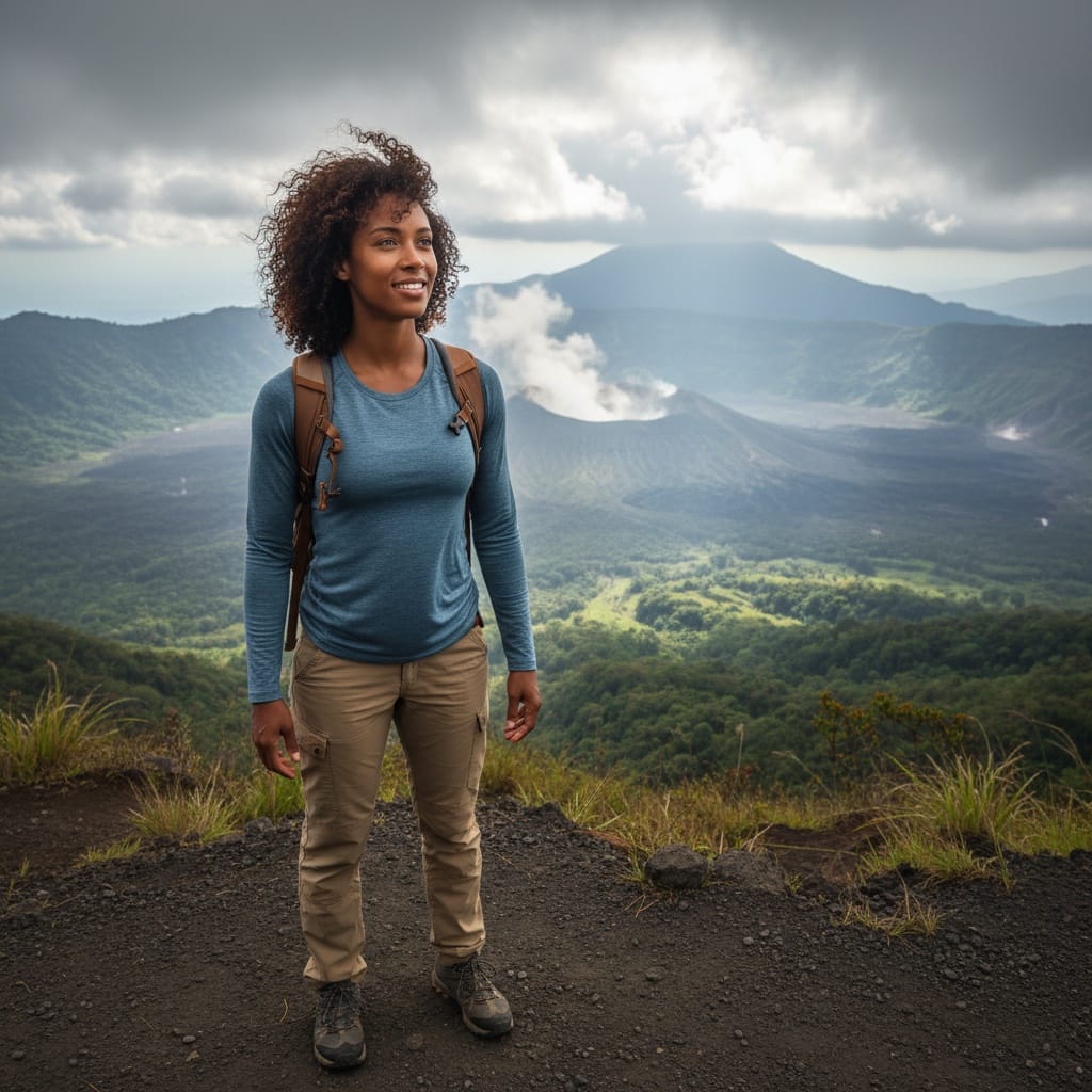 athletic black woman volcano hiking overlook 23912075