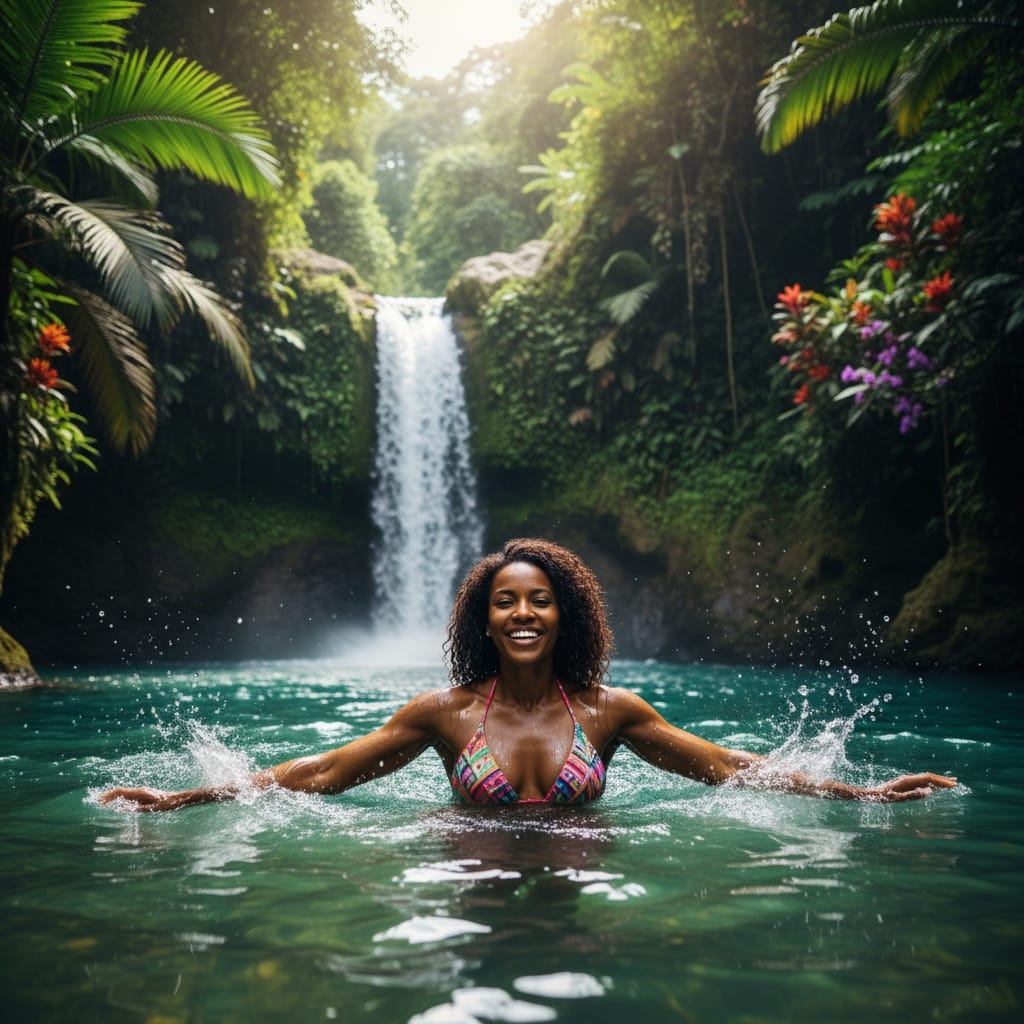 athletic black woman waterfall swimming adventure 35372268