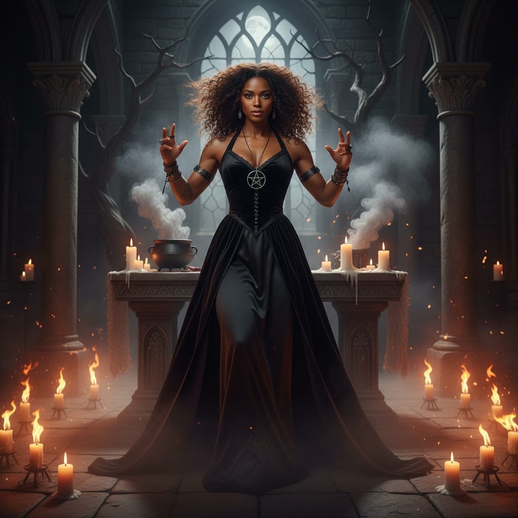 athletic black woman witch ritual scene 65061132