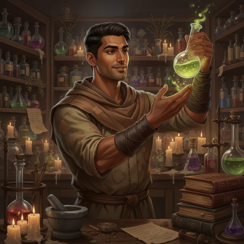 athletic indian man alchemist laboratory work 33265480