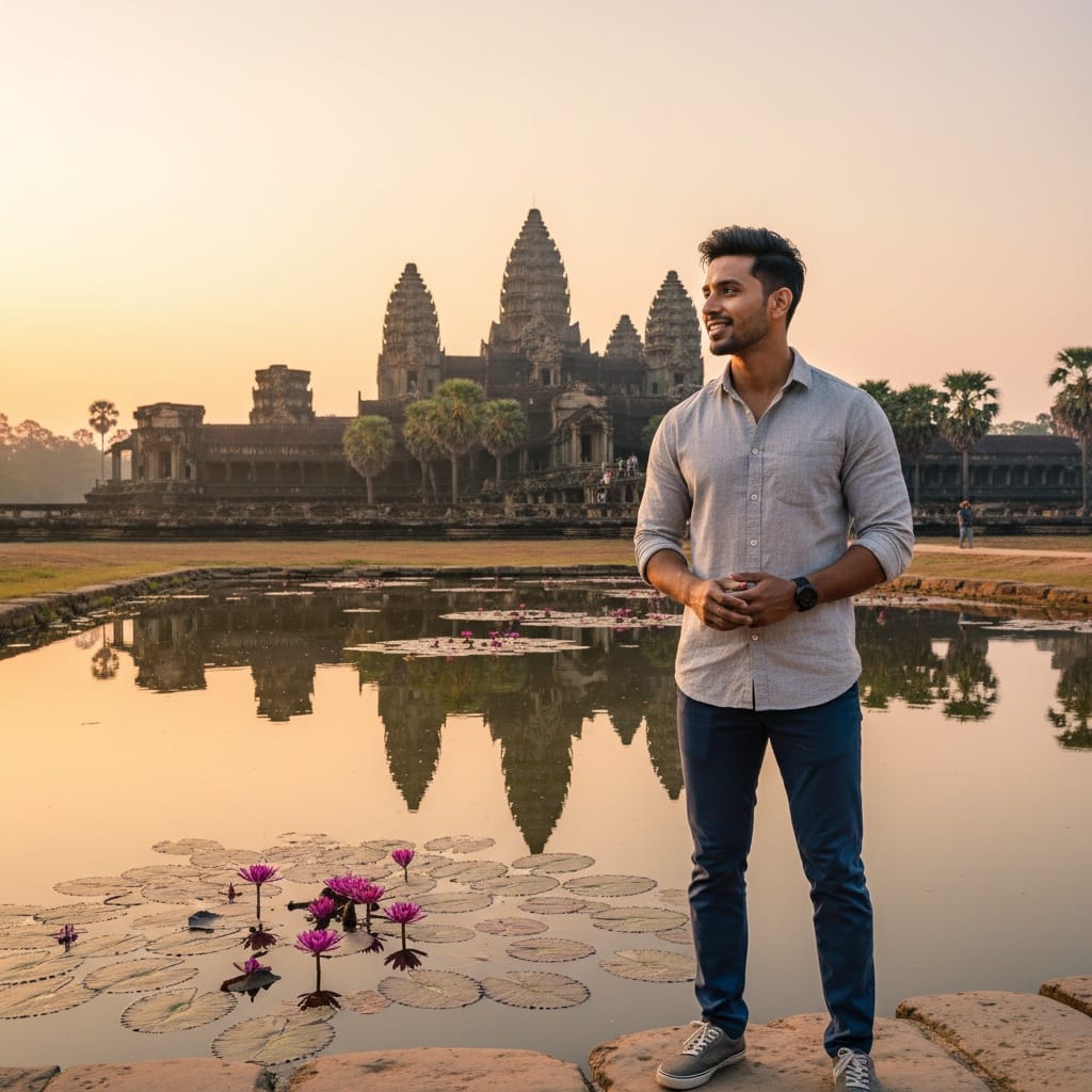 athletic indian man angkor wat reflection pool 64905915