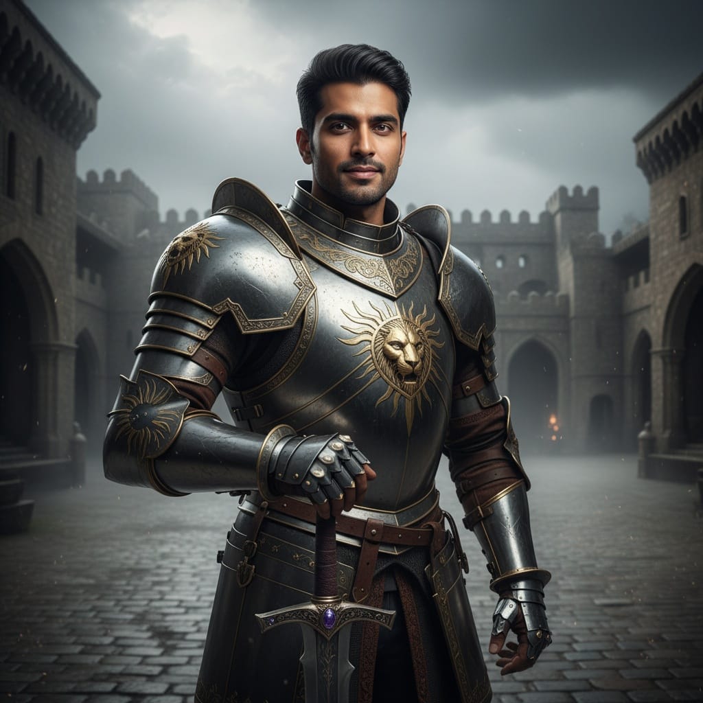 athletic indian man armored knight portrait 43975678