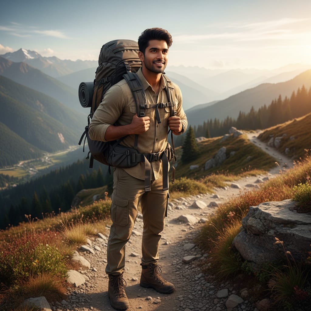 athletic indian man backpacking adventure portrait 28648552