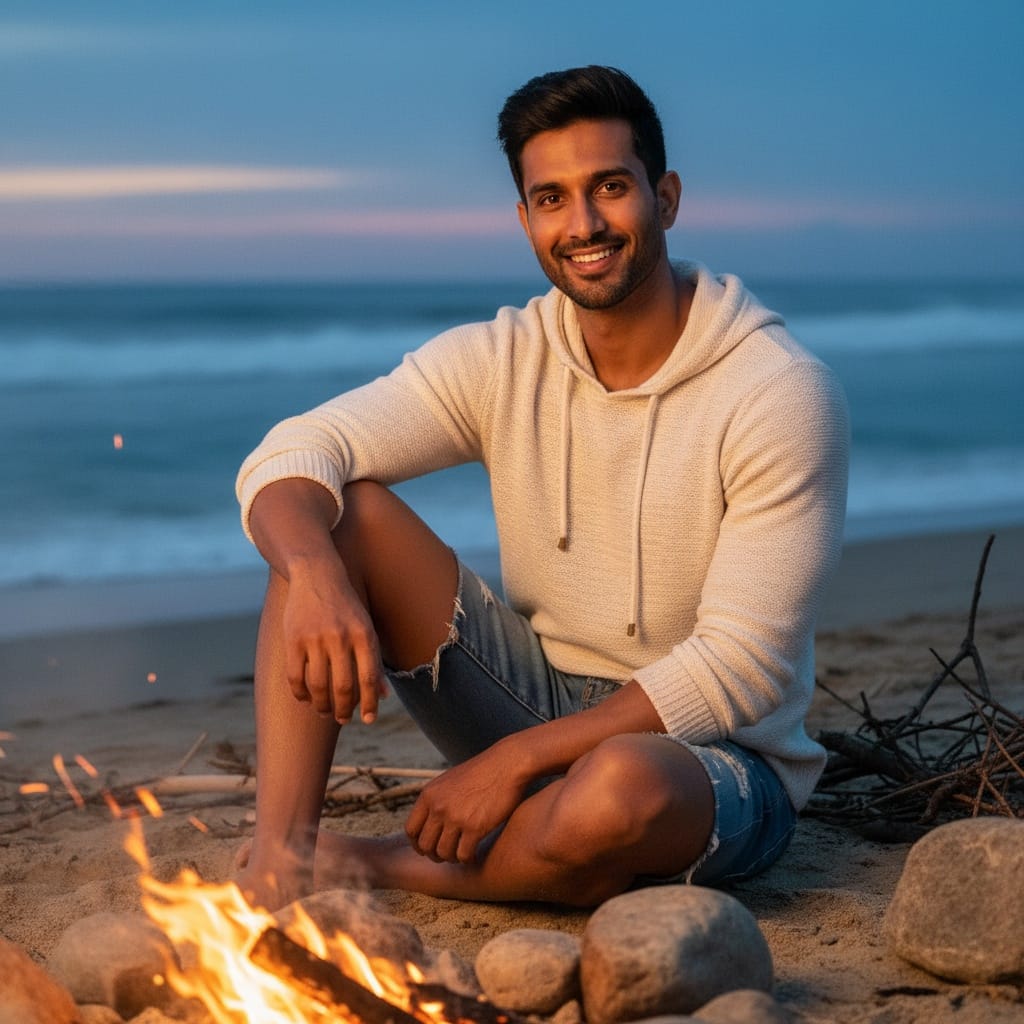 athletic indian man beach bonfire evening 66999207