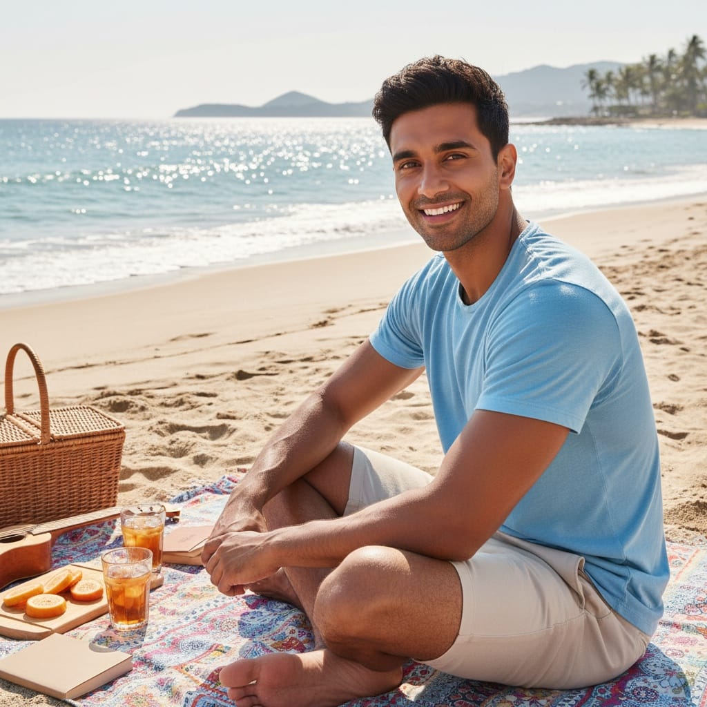 athletic indian man beach picnic lifestyle 19774569
